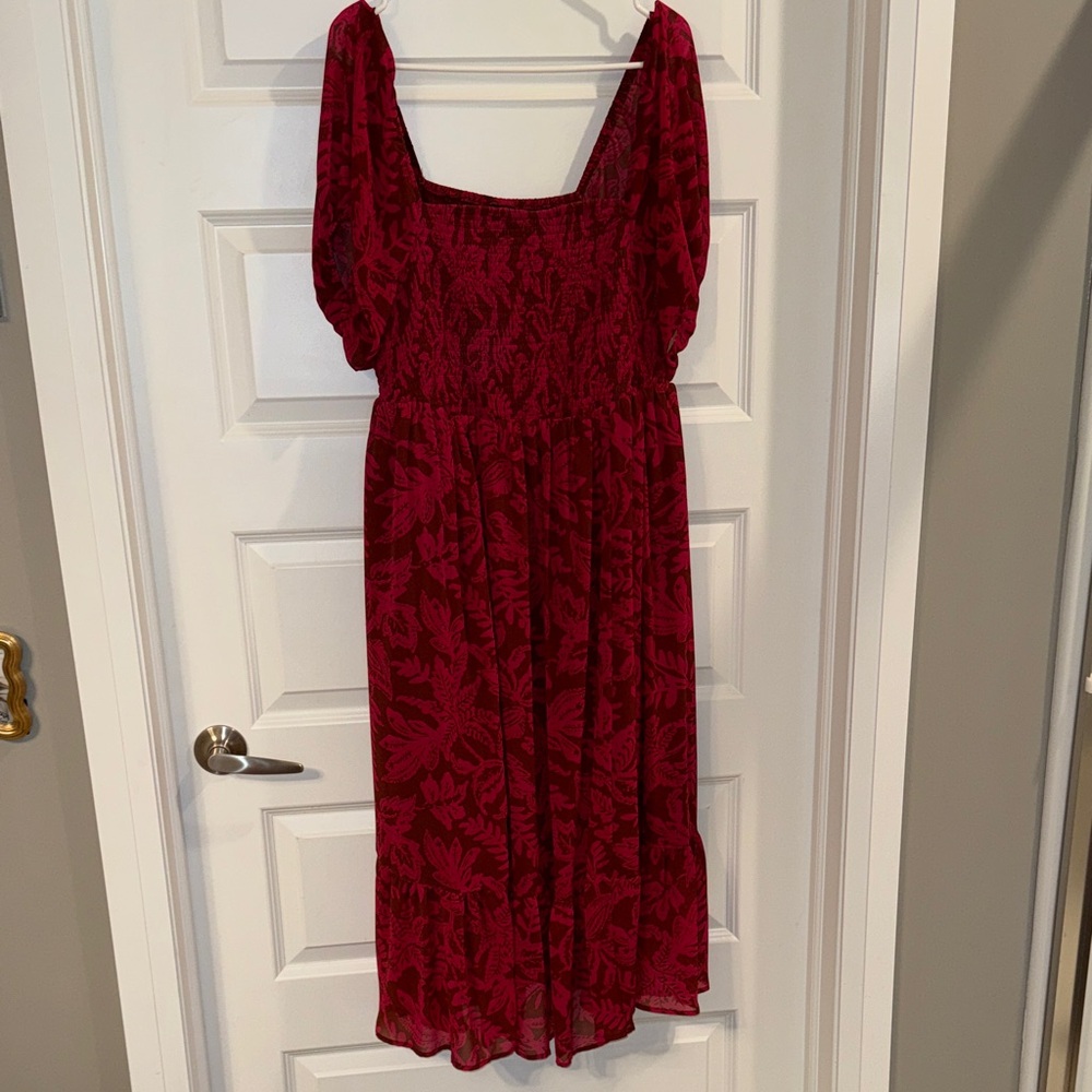 Pink and Brown Floral Puff-Sleeve Midi Dress